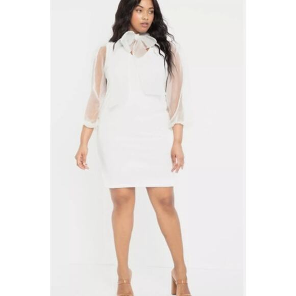 NWT Eloquii White Sheer Puff Sleeve Tie Neck Dress Size 14 - Picture 1 of 13